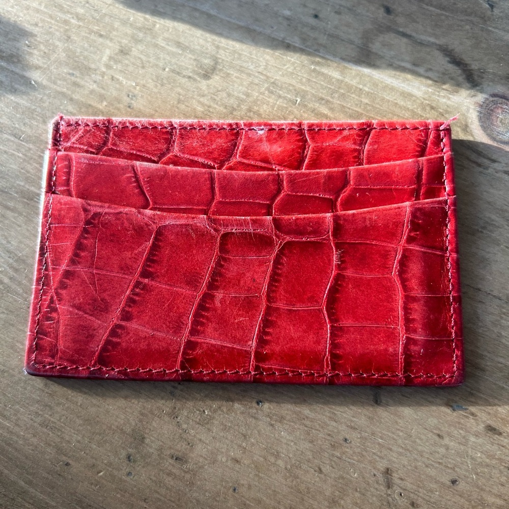 Red Croc-Embossed Leather Card Holder, slim, discreet, high-quality.